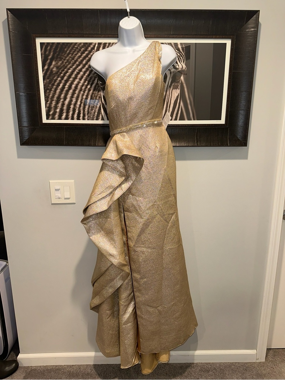 NWT Mac Duggal Gold One-Shoulder Evening Gown with Ruffle Detail